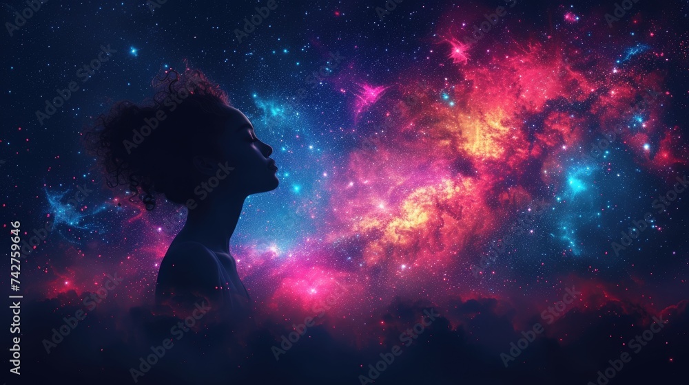 Silhouette of a woman against a vibrant cosmic background with stars and nebulae