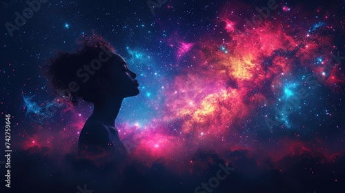 Silhouette of a woman against a vibrant cosmic background with stars and nebulae © Elen Nika