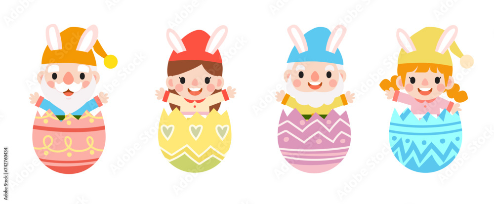 Easter gnomes with bunny rabbit ears, Cute woman wearing bunny ears and Easter eggs Easter gnomes with bunny rabbit ears, Cute woman wearing bunny ears and Easter eggs