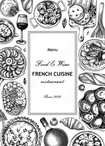 French food frame design. Vintage food and wine sketches. European restaurant menu template. France background. Hand-drawn vector illustration, NOT AI generated