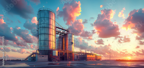 Agricultural silo at feed mill factory. Big tank for store grain in feed manufacturing photo