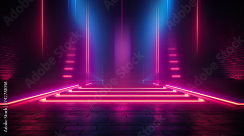 Background of an empty dark Sky-Fi stage at night. Neon lighting. Reflection of ultraviolet light.