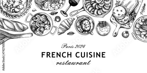 French food banner design. Vintage food and wine sketches. European cuisine restaurant menu template. France background. Hand-drawn vector illustration, NOT AI generated