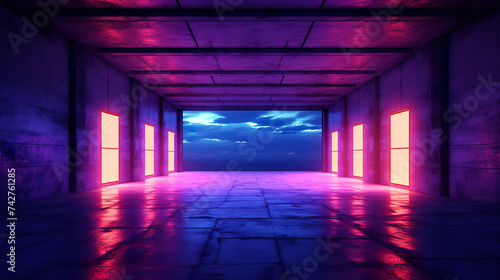 Background of an empty dark Sky-Fi stage at night. Neon lighting. Reflection of ultraviolet light.