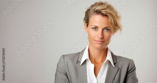 Profesional mujer con cabello corto y chaqueta gris