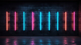 Neon light figures on a dark abstract background. Neon lamps on a brick wall in a dark room