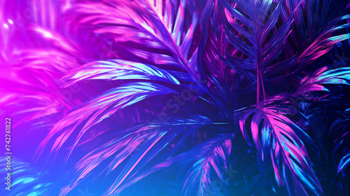 Ultraviolet neon palm leaves on a dark background. Tropical glowing plants