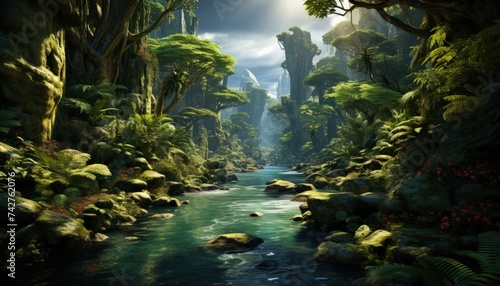 A dense, lush rainforest with a diverse ecosystem © Mahenz