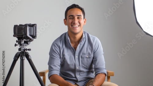 An 30 year old latin man, sitting being interviewd in a white photo studio photo