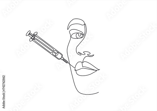Continuous line beauty surgery concept. One line female portrait. One line syringe, lip filters	