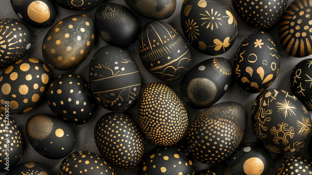 Black easter eggs painted with golden pattern in the style of confetti-like dots on a dark background. Flat lay. Minimal Easter background Black easter eggs painted with golden pattern in the style of confetti-like dots on a dark background. Flat lay. Minimal Easter background