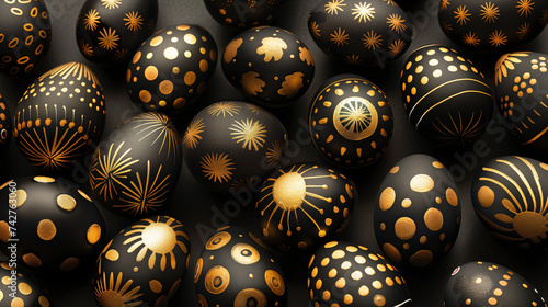 Minimal Eeaster background with black easter eggs painted with golden pattern in the style of confetti-like dots. Flat lay photo