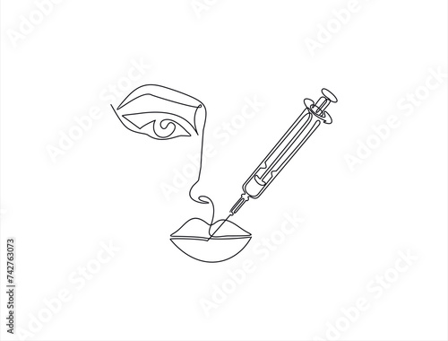 Continuous line beauty surgery concept. One line female portrait. One line syringe, lip filters	