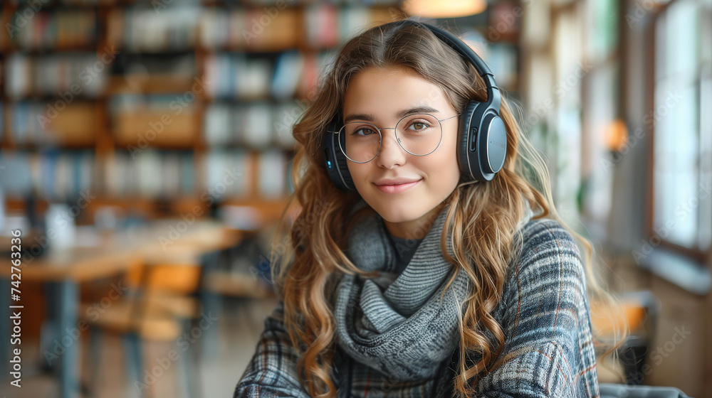 young woman school college student wear headphones learning virtual internet online class from school teacher by remote meeting. young woman school college student wear headphones learning virtual internet online class from school teacher by remote meeting.