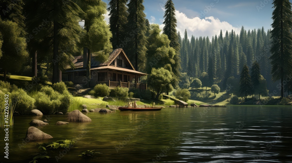 peaceful cabin on the lake - obrazy, fototapety, plakaty 