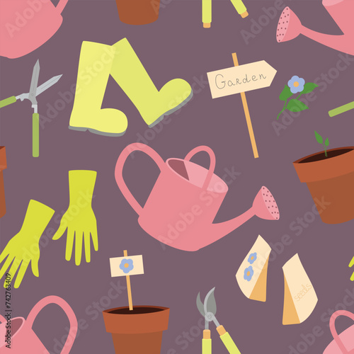 Seamless pattern with gardening equipment watering can, hedge shears, garden pruners, rubber boots, planting pots