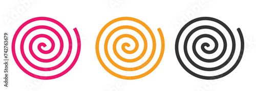 Spiral swirl line snail shape icon vector simple graphic illustration set, circle whirl twist stroke linear decoration design element red yellow black symbol logo, twirl curve candy lollypop image