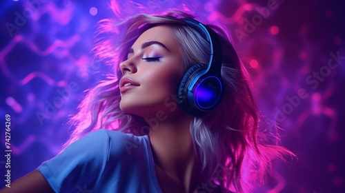 Young woman wearing headphones listening to music in neon background.