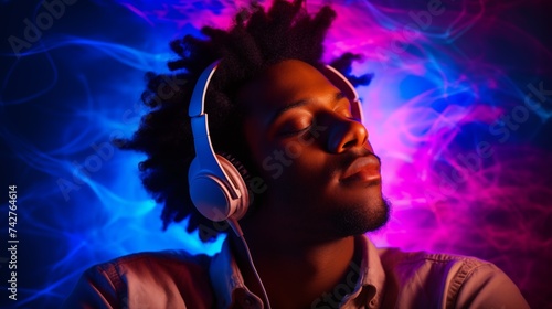 Young African American man wearing headphones listening to music in neon background.