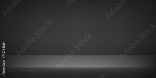Black studio room background. Black background with light effects. Clean design for displaying product. Space for selling products on the website. Vector illustration. photo