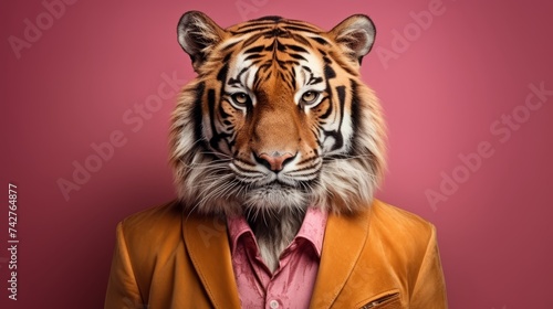 Anthropomorphic tiger in business suit working in office  jungle concept  studio shot on plain wall