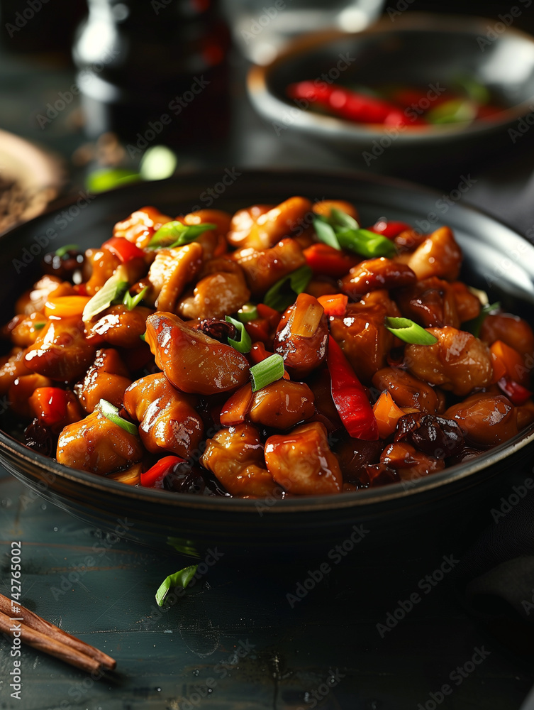 A beloved dish in Chinese cuisine, Kung Pao chicken boasts succulent chicken pieces cooked with zesty chili peppers, crunchy peanuts, savory sauces, and aromatic onions.