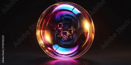A translucent circular liquid object with a holographic appearance floating in a 3D illustration on a dark background. photo