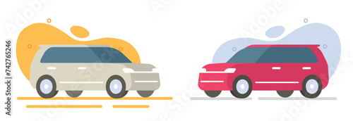 Suv car icon isolated white red vector flat cartoon graphic illustration set, crossover sport utility vehicle front side 3d view simple modern design on yellow background, 4x4 offroad auto image