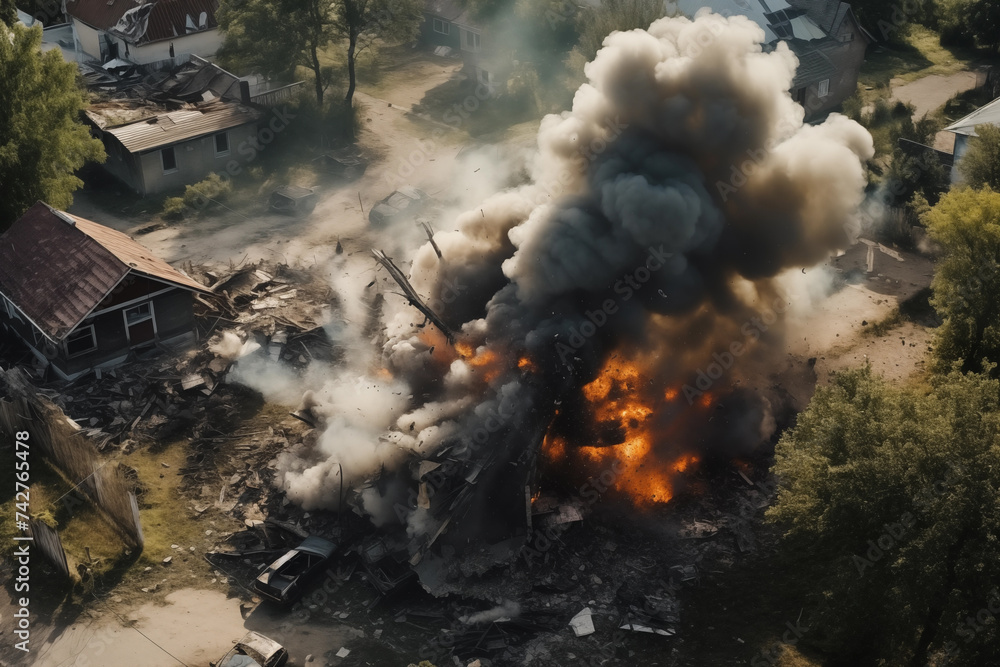 During war, houses in village were destroyed and burned AI Generation ...