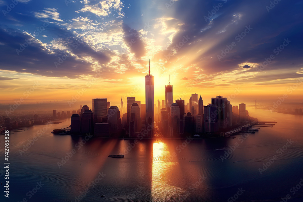 An evening sunset over Manhattan skyline in New York City AI Generative - obrazy, fototapety, plakaty 