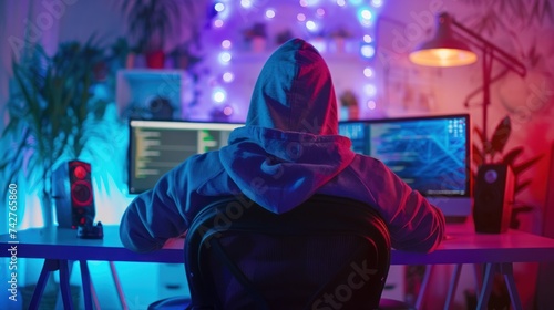 A software engineer cypherpunk wearing a hoodie, seen from behind coding a script in his 3 terminals setup on his standing desk photo