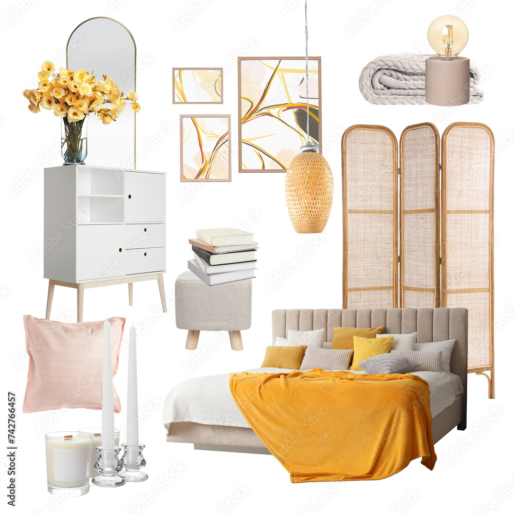 Fototapeta premium Stylish bedroom interior with different decorative elements and furniture on white background. Mood board collage