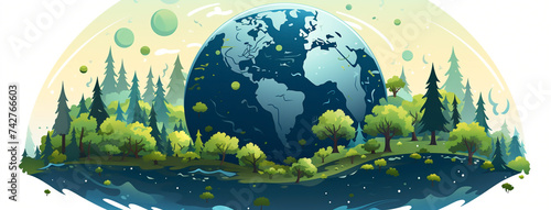 An illustration of save the planet earth in sustainable green background with trees and white background with copy space 