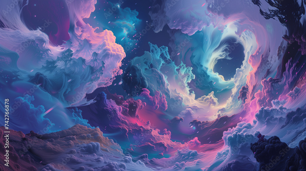 A captivating illustration painting that embodies a fantasy concept through an abstract expression of luminescent aquas, soft lavenders, and glowing corals. A captivating illustration painting that embodies a fantasy concept through an abstract expression of luminescent aquas, soft lavenders, and glowing corals.