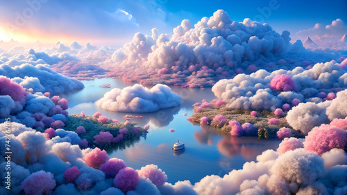 Dream fluffy white cloud landscape and lake
