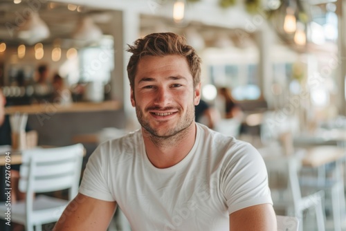 a photo of a handsome 35 year old man sitting in a restaurant and smiling at the camera, blurred background
