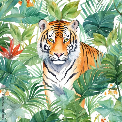 Tiger in jungle among tropical flowers and foliage  watercolor composition image for wallpaper  cards  magazines and books  bright poster Generative AI
