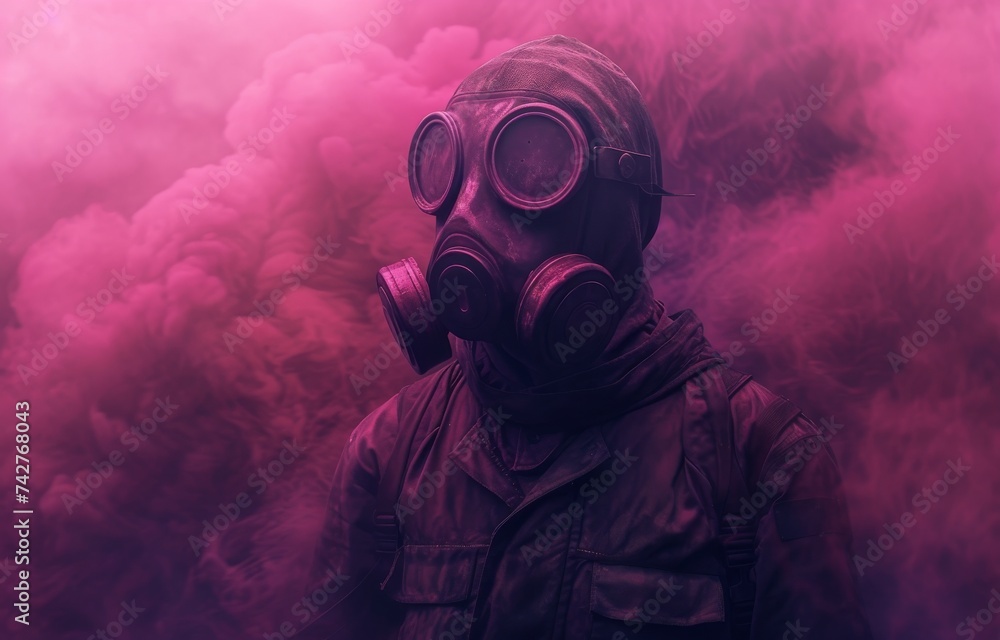 A figure clad in protective gear gazes out into the polluted world, their gas mask a symbol of resilience and adaptation in the face of environmental degradation A figure clad in protective gear gazes out into the polluted world, their gas mask a symbol of resilience and adaptation in the face of environmental degradation
