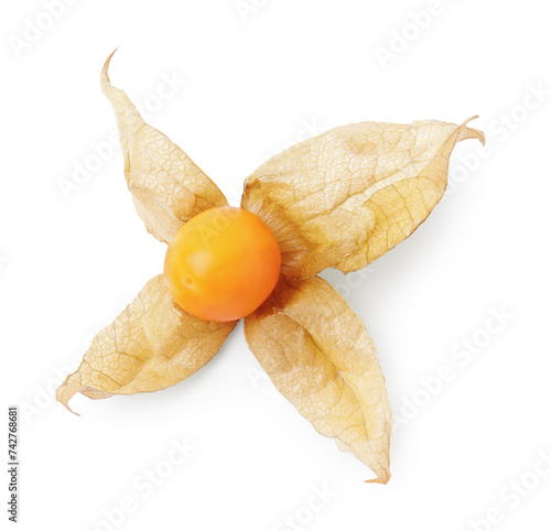 Ripe physalis fruit with calyx isolated on white photo