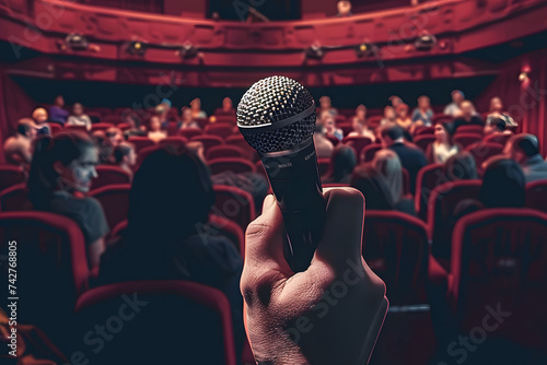 A hand holding a microphone in front of a full auditorium. The concept of public speaking. Illustration for cover, banner, poster, brochure, advertising,  photo