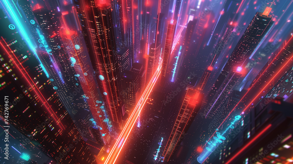 A digital illustration of a 5G wireless network in action, showcasing high-speed internet connectivity with vibrant beams of light crisscrossing over a futuristic cityscape. - obrazy, fototapety, plakaty 