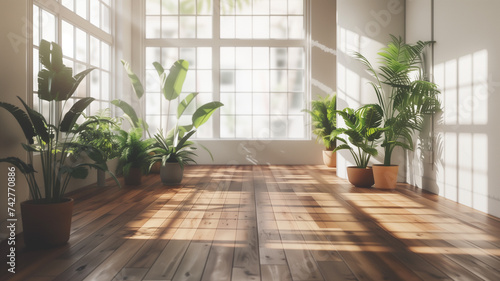 empty loft with a modern contemporary feel, showcasing a wooden floor with lush plants.