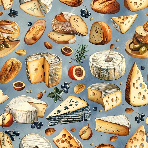 Artisanal bread and cheeses a gourmet pattern for kitchen textiles photo