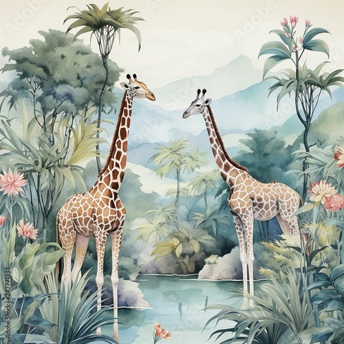 Giraffes in jungle plants, palm trees and hibiscus flowers, watercolor composition of wild African animals for childrens wallpaper, cardsl illustration Generative AI