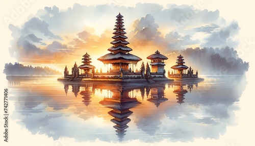 Watercolor illustration of balinese temple at sunset for nyepi day. photo