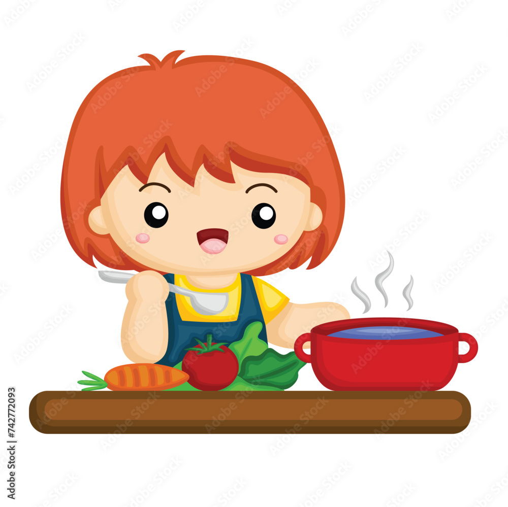Cute Kids Doing Healthy Lifetyle Cooking Activity Cartoon Illustration vector Clipart Sticker Decoration