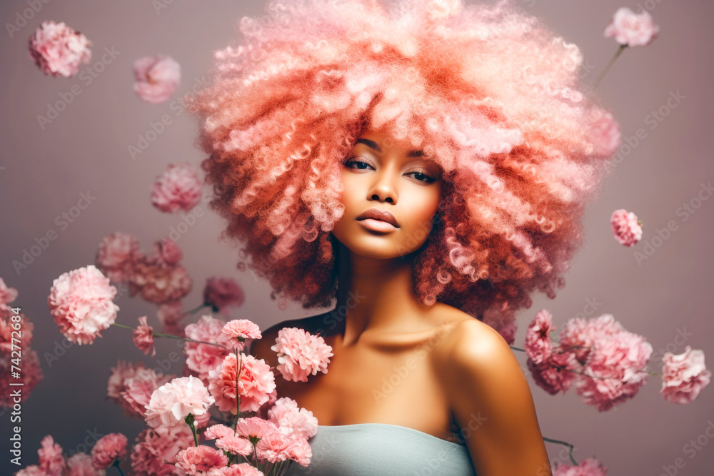 A young african woman with pastel pink afro hair covered with flowers