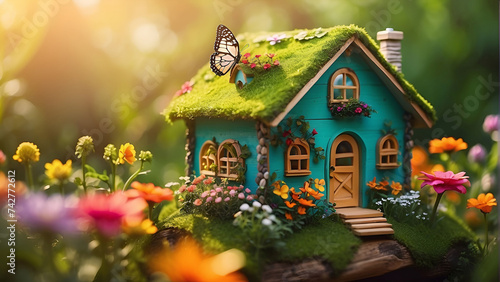 Miniature house with a garden of flowers, colours of spring photo