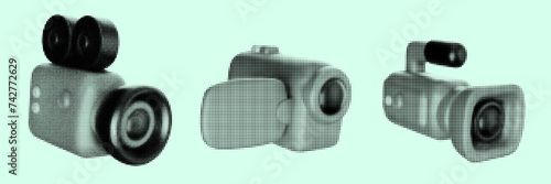 Set video cameras various model in modern stylised halftone style. Fashion pop art design elements. Collection retro vector illustration.
