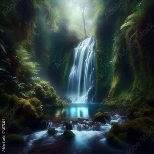 A tranquil photograph of a secluded waterfall hidden within a lush, moss-covered ancient forest. The cascading water shimmers in a soft, iridescent light, surrounded by a delicate mist that lends an e